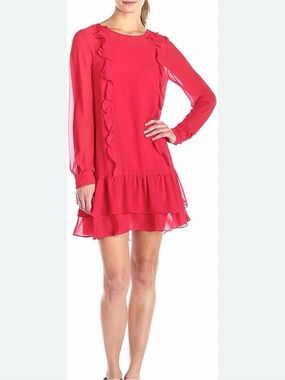 BCBGeneration Red Ruffle-Trim Long Sleeve Dress